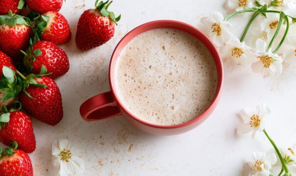 Strawberries, white flowers, and frothy drink in red mug on white surface