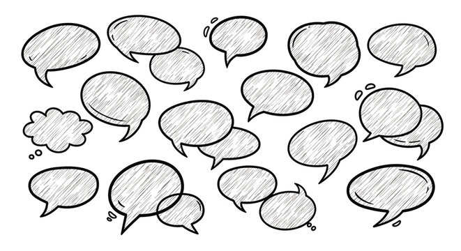 Large collection of hand drawn speech bubbles and talk clouds in a sketchy style on a white background.