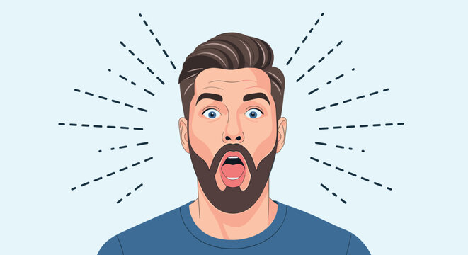 Portrait of a shocked and surprised young man with a beard looking with wide open eyes on light blue background.