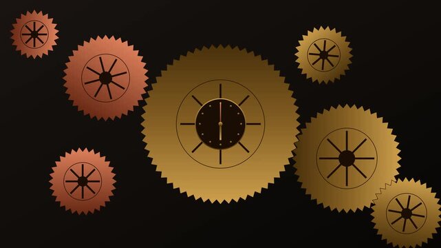 Golden clockwork gears rotating animation: business concept of time management, efficiency, and precision engineering on dark 4k background