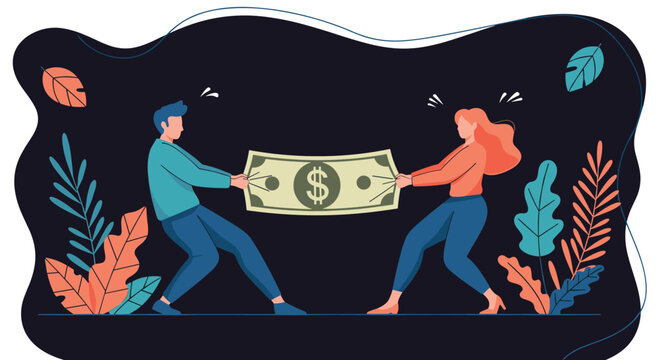 Young man and woman pulling a giant dollar bill in a financial tug of war against a dark background with plants.
