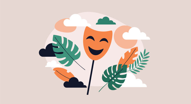 Orange smiling comedy mask on a stick surrounded by tropical palm leaves and clouds on a soft background, vector.