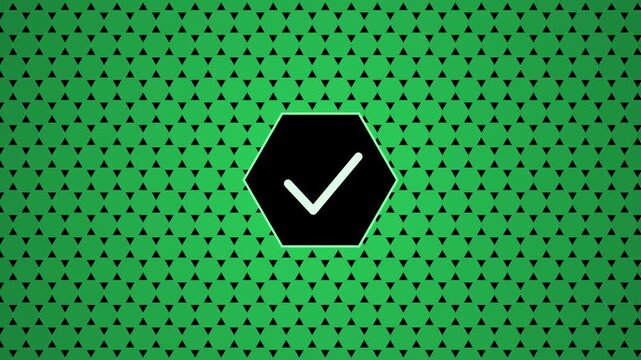 Green hexagon check mark animation, digital approval symbol on geometric pattern 4k background success