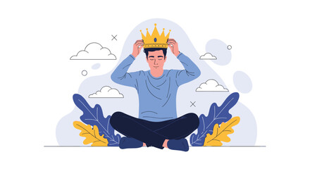 Naklejka premium Successful man sitting cross legged and placing a golden crown on his head representing self esteem or victory.