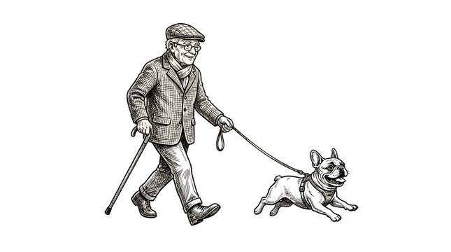 Vintage engraving style illustration of an active elderly man walking a French Bulldog. Happy senior lifestyle and pet companionship concept