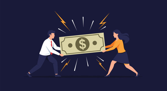 Business man and woman pulling big dollar bill from both sides representing financial competition or division vector.