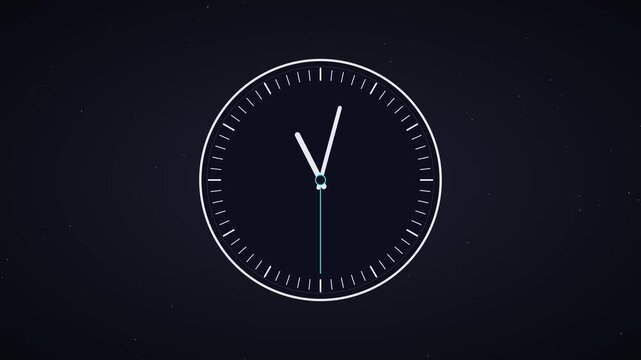 Minimalist analog clock face moving hands time passing motion on dark animation 4k background