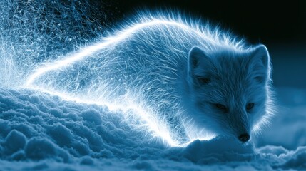 Obraz premium An arctic fox is shown diving into the snow while hunting. The fox has a glowing outline and snow parts around it in the dark scene.