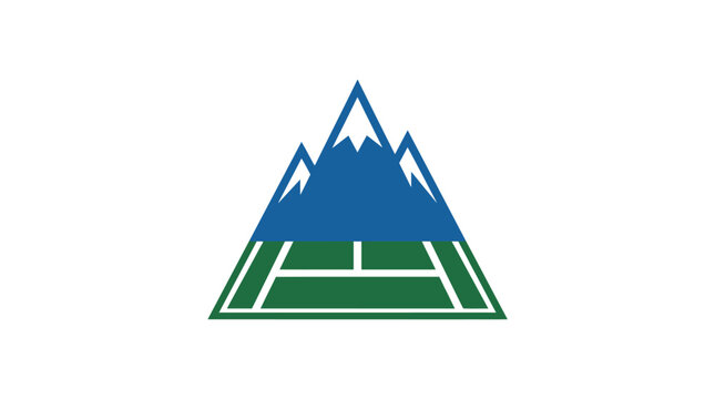 Mountain range logo with green base.
