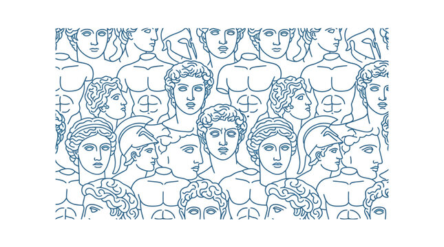 Multiple human faces in illustration.
