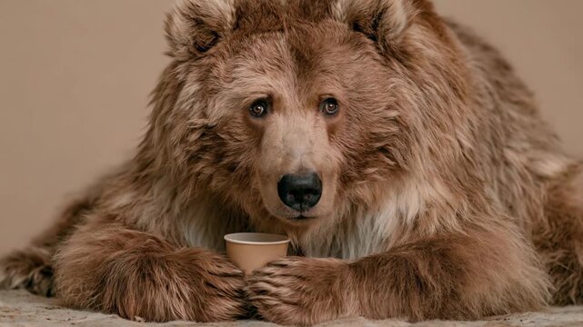 Fluffy brown bear with a sad expression lying on the ground while holding a paper cup of coffee or tea with its paws, creating a humorous and anthropomorphic scene looking directly at the camera