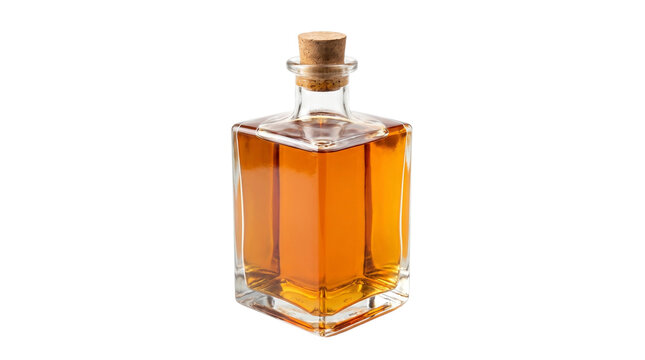 Square glass bottle of amber liquor whiskey rum or cognac with cork stopper isolated on transparent background png