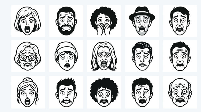 Vector set of shocked and scared cartoon people faces expression icons