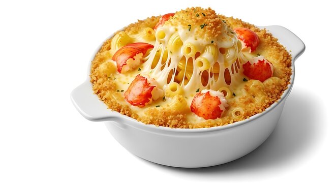 A gourmet lobster macaroni and cheese dish served in a white ceramic baking bowl, featuring melty cheese pull and golden breadcrumb crust top view