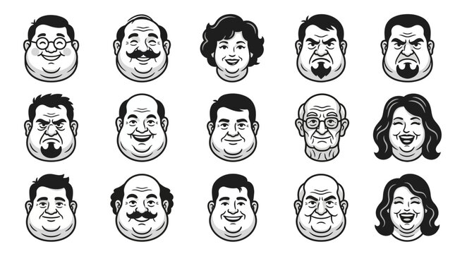 Stylized monochrome vector portraits of diverse adult faces with varied expressions, ideal for avatars and character design resources