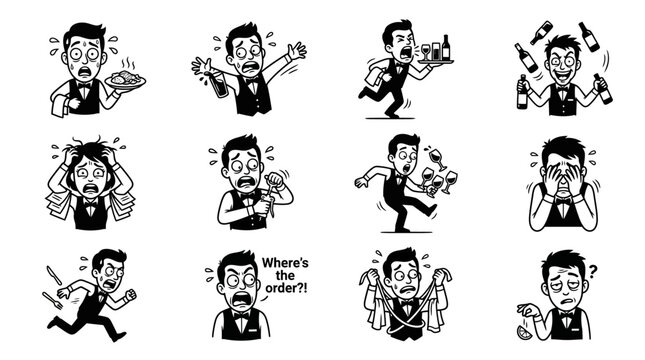 Stressed waiter cartoon character sticker set in black and white line art style