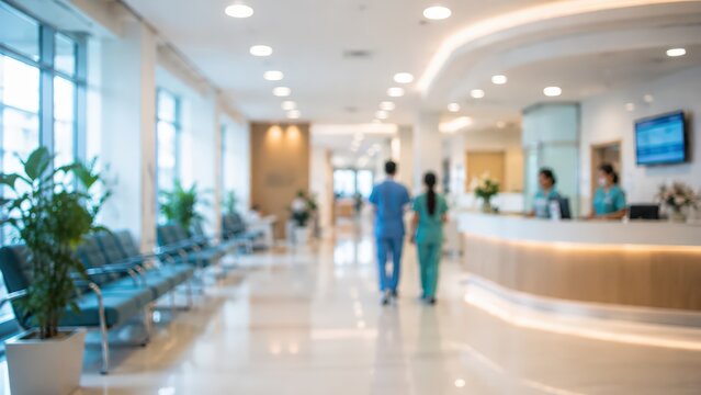 blurred interior view of a modern hospital lobby with healthcare staff, reception desk, and empty patient waiting chairs.
