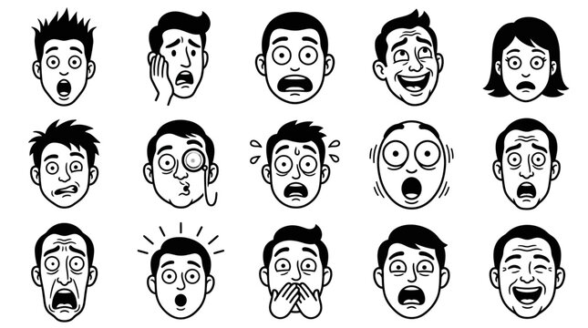 Diverse cartoon male and female facial expressions for shock fear and surprise