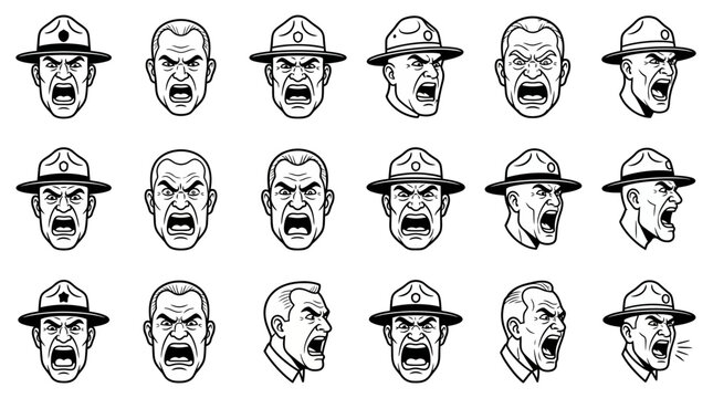 Set of different angry and shouting faces of a drill sergeant in a hat