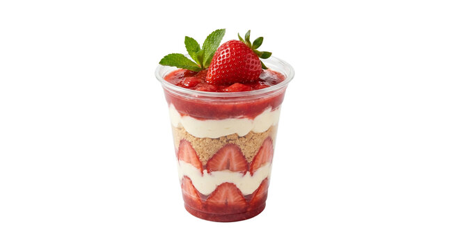 Delicious layered strawberry parfait dessert in a plastic cup with cream and mint isolated on transparent background png
