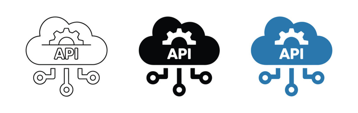 API icon set, application programming interface symbols for cloud computing, remote data services, software integration, digital communication, web development, networking, and modern technology vecto