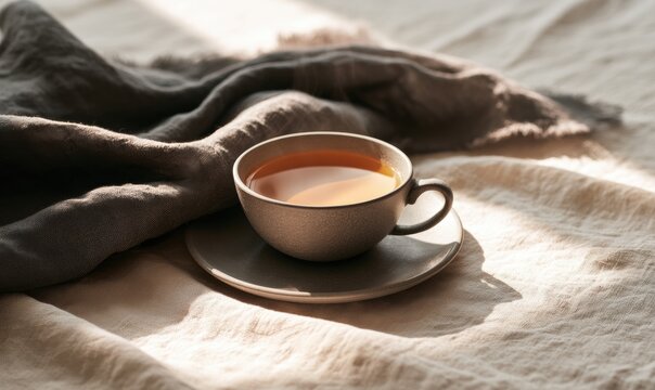 Cup of tea on bed with sunlight and linen