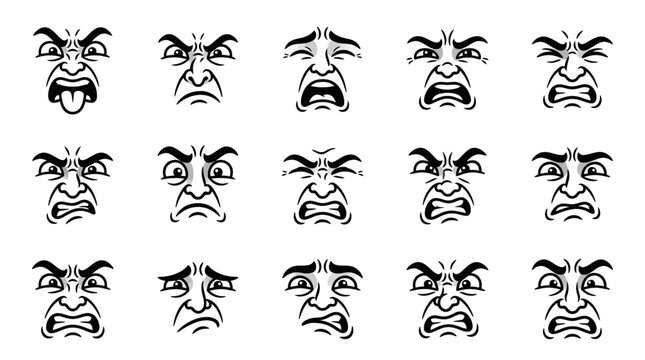 Set of angry and disgusted cartoon facial expressions, comic grimace face icons vector