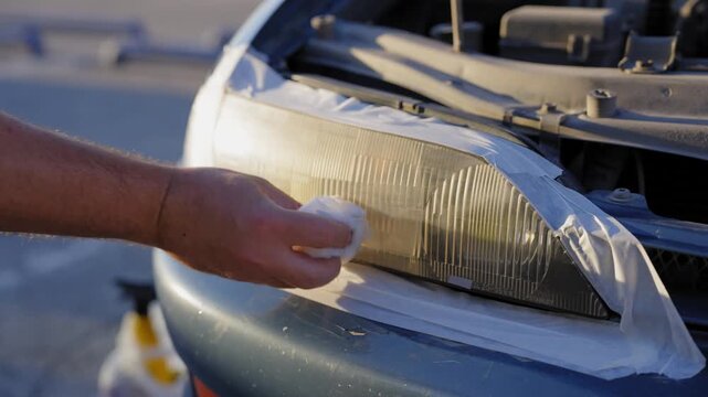 A man applies wax to the headlights of his car.