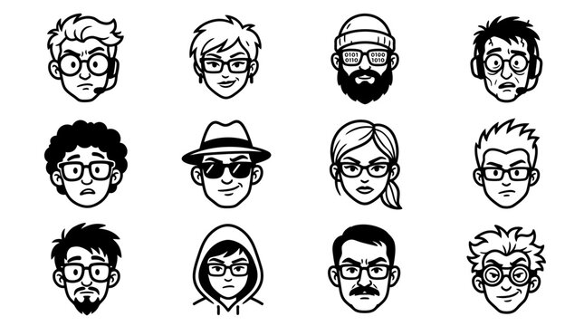 Black and white vector avatar icons of people wearing glasses, nerd and hacker character faces