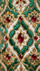 Fototapeta premium Close-Up of Luxurious Mughal Inspired Embroidery with Emerald Green Silk Gold Zari Thread and Red Ruby Gemstones in Ornate Floral Star Pattern