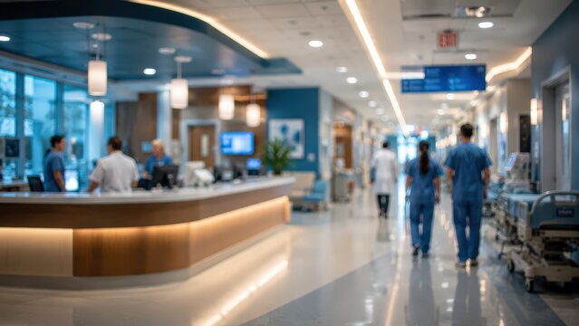 defocused perspective of a busy hospital hallway featuring medical personnel in scrubs near a modern reception station, bright clinical interior.