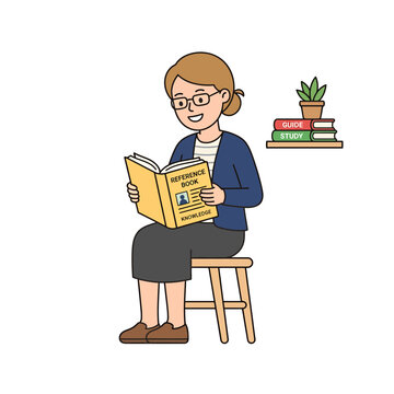 A cheerful woman is sitting on a stool and reading a book titled 'Reference Book' with a stack of books on a shelf in the background