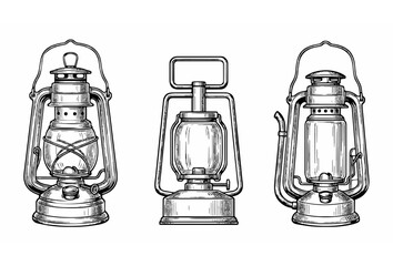 Vintage hurricane lantern vector icons set with antique kerosene oil lamps engraving line art design © Abdullahall
