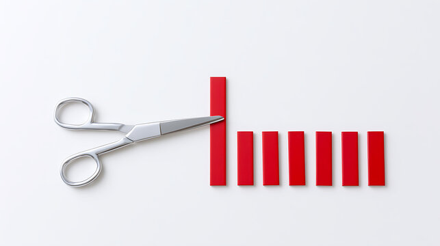 Shiny Metal Scissors Cut a Tall Red Bar Chart Piece, Symbolizing Reduction, Cost Cuts, and Business Strategy on White Background