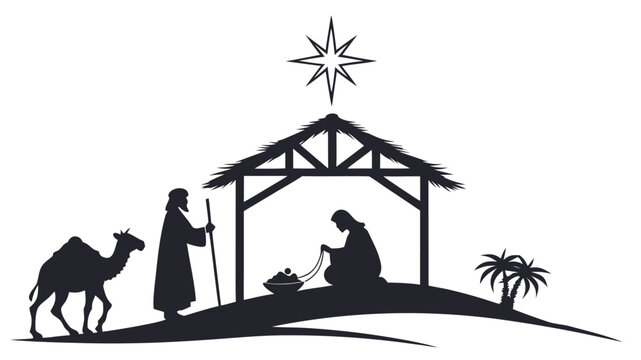 Vector illustration nativity scene silhouette with baby jesus, mary, joseph, a camel, and the star of bethlehem