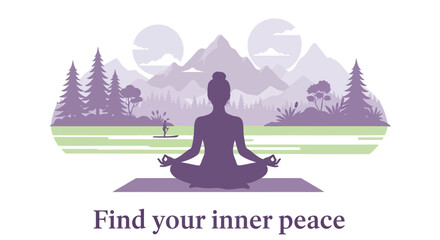 Obraz premium yoga, meditation, inner peace, mindfulness, vector illustration, purple, green, serene landscape
