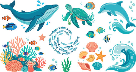 Obraz premium Marine life and underwater ocean creatures set with coral reef, underwater