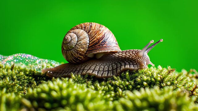 A snail with a brown shell and antennae on a green mossy surface