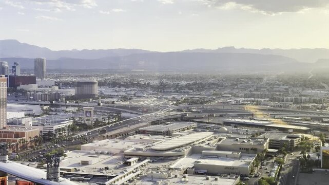 In the distance are Blue Diamond Hill and the Spring Mountains. Las Vegas Valley, Clark County, Nevada. Basin and Range Province, Mojave Desert. from Encore Las Vegas