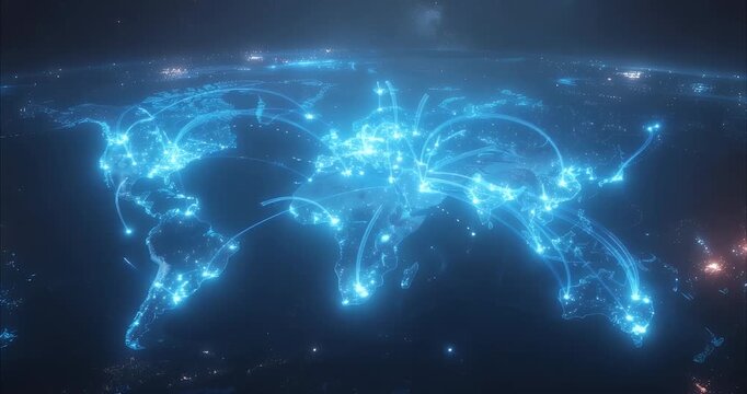 A glowing blue network of light lines connecting major cities and regions across a dark Earth globe, symbolizing global communication and data flow.
