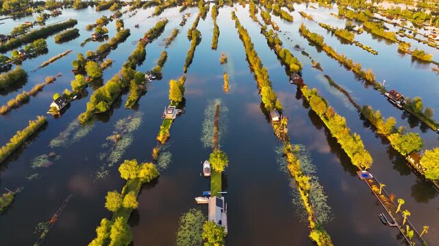 Aerial drone view the harbour of Scheendijk Loosdrechtse Plassen, a floating village in the Netherlands at sunset. High quality 4k footage