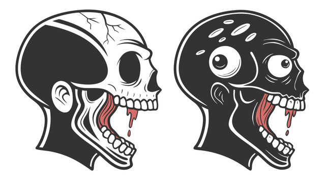 Vector illustration set of two zombie heads, skull and monster character, vector illustration