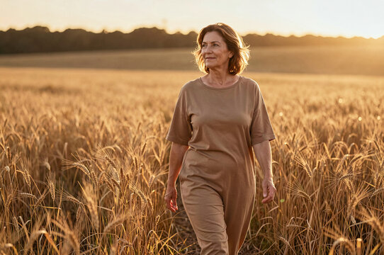 Woman walks through a golden wheat field during sunset. Warm light illuminates her brown hair and tan jumpsuit as she moves amidst tall stalks of ripened grain.