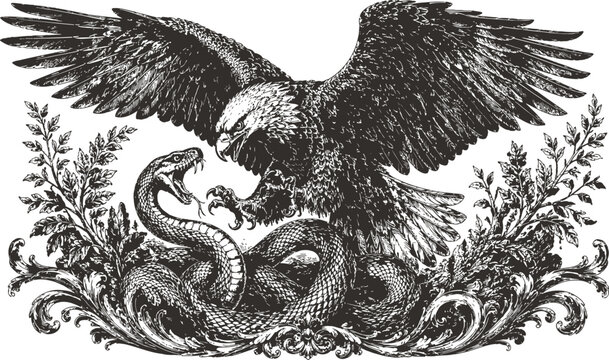 Eagle battling snake in ornate floral border with engraving vintage style and dramatic contrast