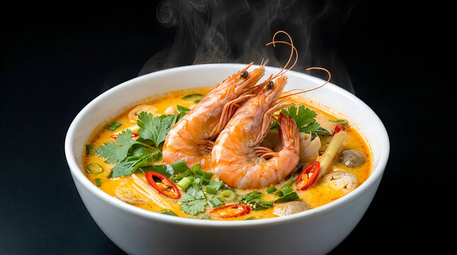 Spicy Thai Tom Yum Goong soup with large prawns and fresh herbs in a white bowl on a black background.