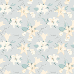 Fototapeta premium Seamless floral pattern with white lilies on gray background isolated on transparent background, Vector