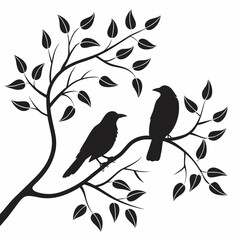 Naklejka premium Vector illustration two crows sitting on a tree branch with leaves, vector illustration