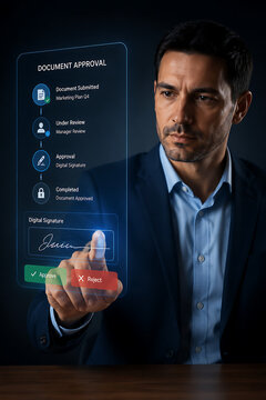 Business leader completing document approval workflow with digital signature panel, submitted marketing plan, review stages, approve reject buttons, and secure authorization interface for compliance