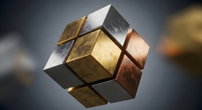 Rotating metallic cube with multicolored sides in mid-air