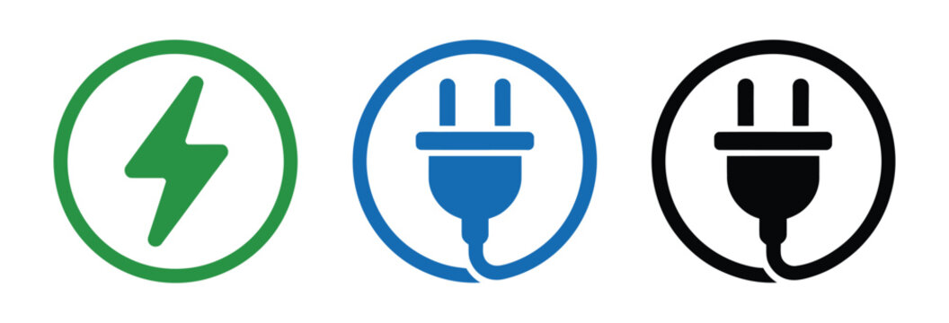 Electric car charging icon set vector, EV charging station symbols featuring plug cable, lightning bolt, green energy, battery power, and electric vehicle charging concepts for transportation, sustain